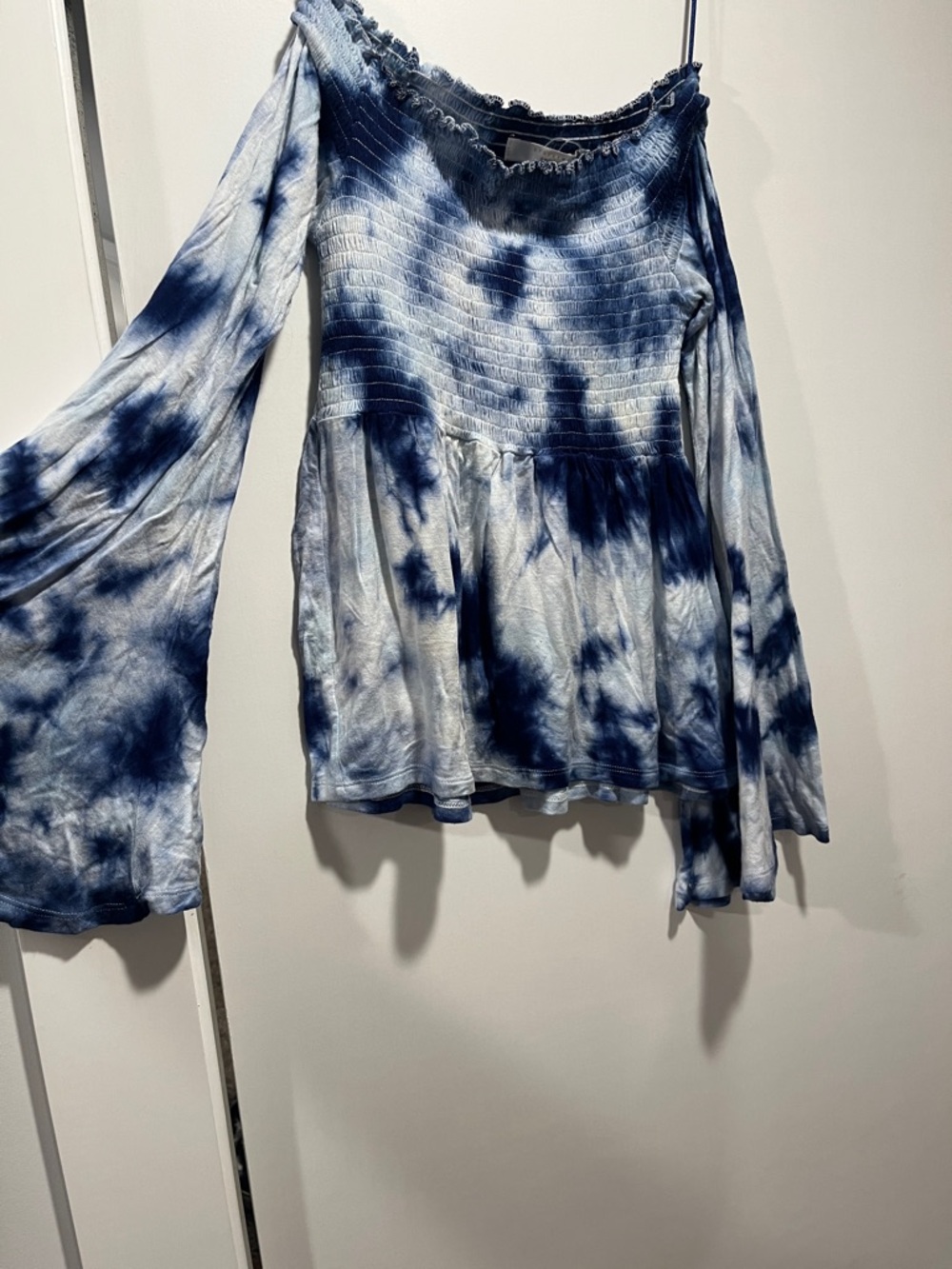 Streetwear Society Blue Tie-Dye Off-Shoulder Bell Sleeve Tunic